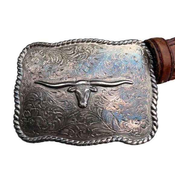 Resistol Leather Belt With Silvertone Longhorn Buckle Sz 42 Western Cowboy Texas - Picture 1 of 7